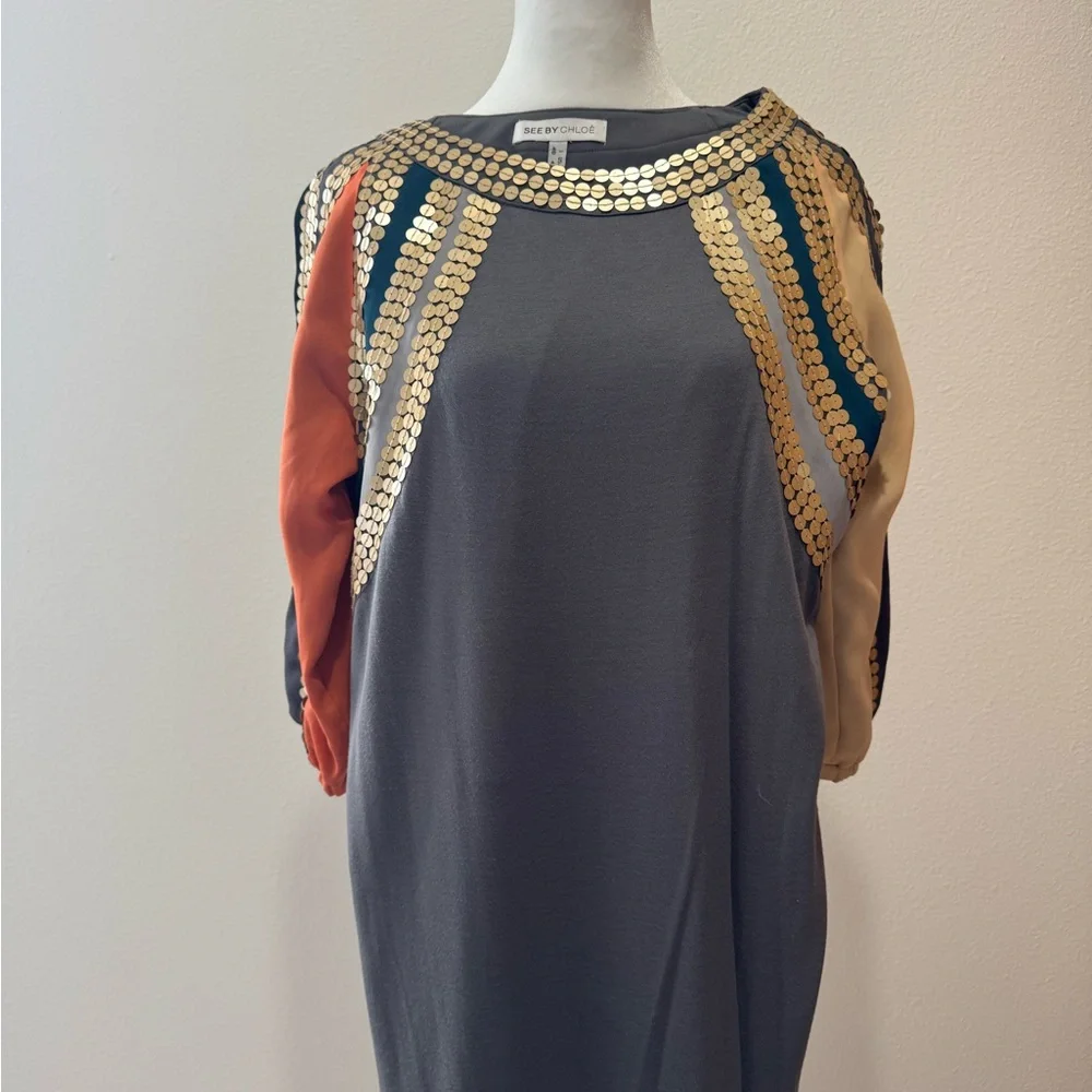 See by Chloé Gray Mini Dress with Sequined Stripes - Picture 2 of 9